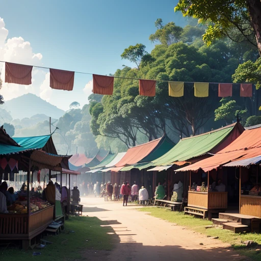 a bazaar, indonesian style, with tents, and stalls, in the middle of forest, colorful, pastel colors