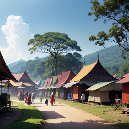 a bazaar, indonesian style, with tents, and stalls, in the middle of forest, colorful, pastel colors