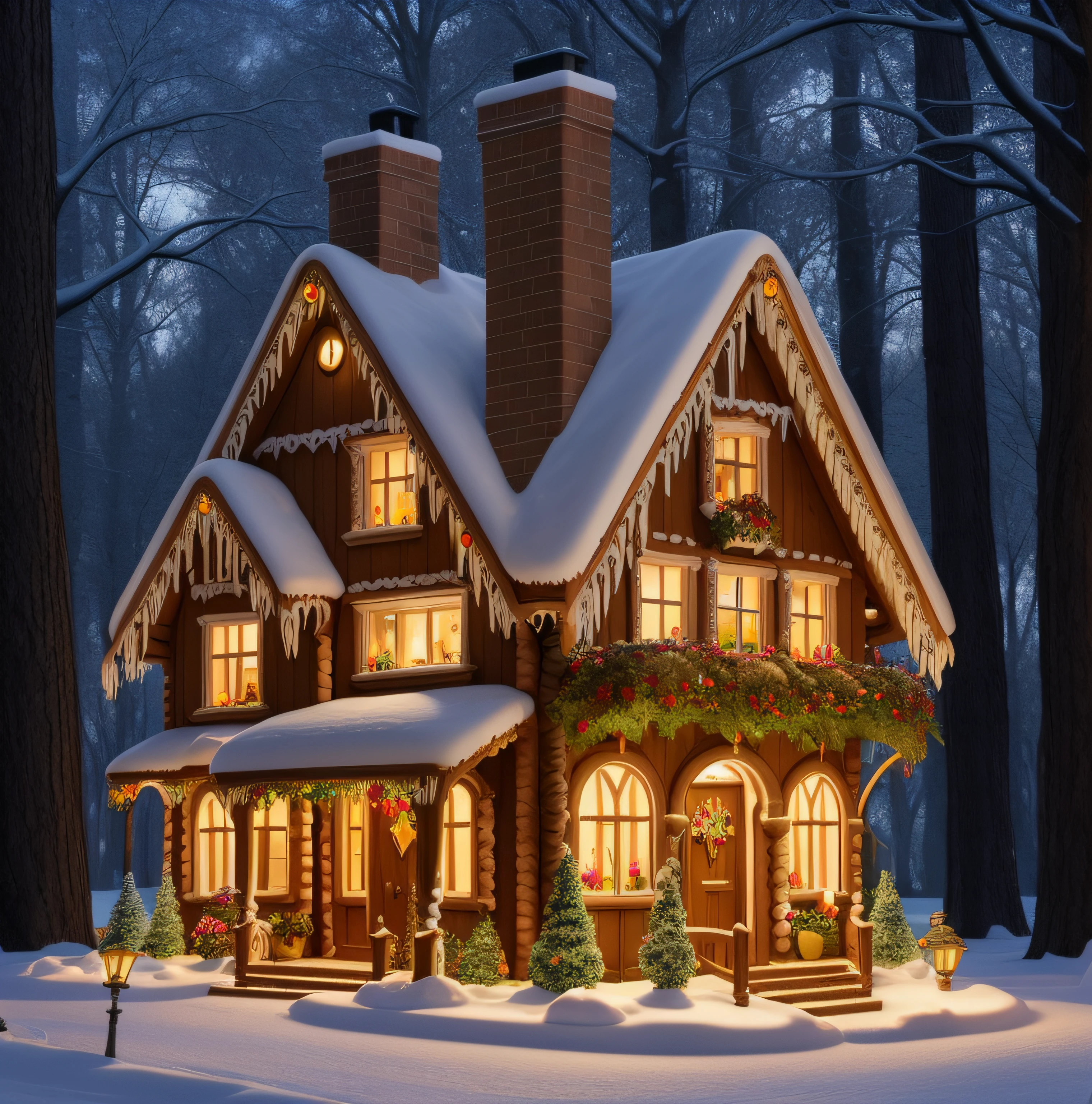 (best quality,ultra-detailed,realistic) A small gingerbread house stands in a fairy tale-like setting, snowing. The house is beautifully crafted, with intricate details and vibrant colors. Its windows are warmly lit, castingglow in the surrounding area. The house exudes a sweet and inviting atmosphere, reminiscent of a cozy home. It is nestled in a forest with trees covered with snow, where enchanting creatures such as fairies and elves dwell. The surroundings are lush and vibrant, with vibrant flowers and trees in full bloom. The atmosphere is filled with a sense of wonder and fantasy. The air is filled with the sweet scent of freshly baked gingerbread, adding to the magical ambiance. The gingerbread house is a true masterpiece of craftsmanship, capturing the imagination of all who lay their eyes upon it. It is a place where dreams come true and where the magic of fairy tales comes to life.