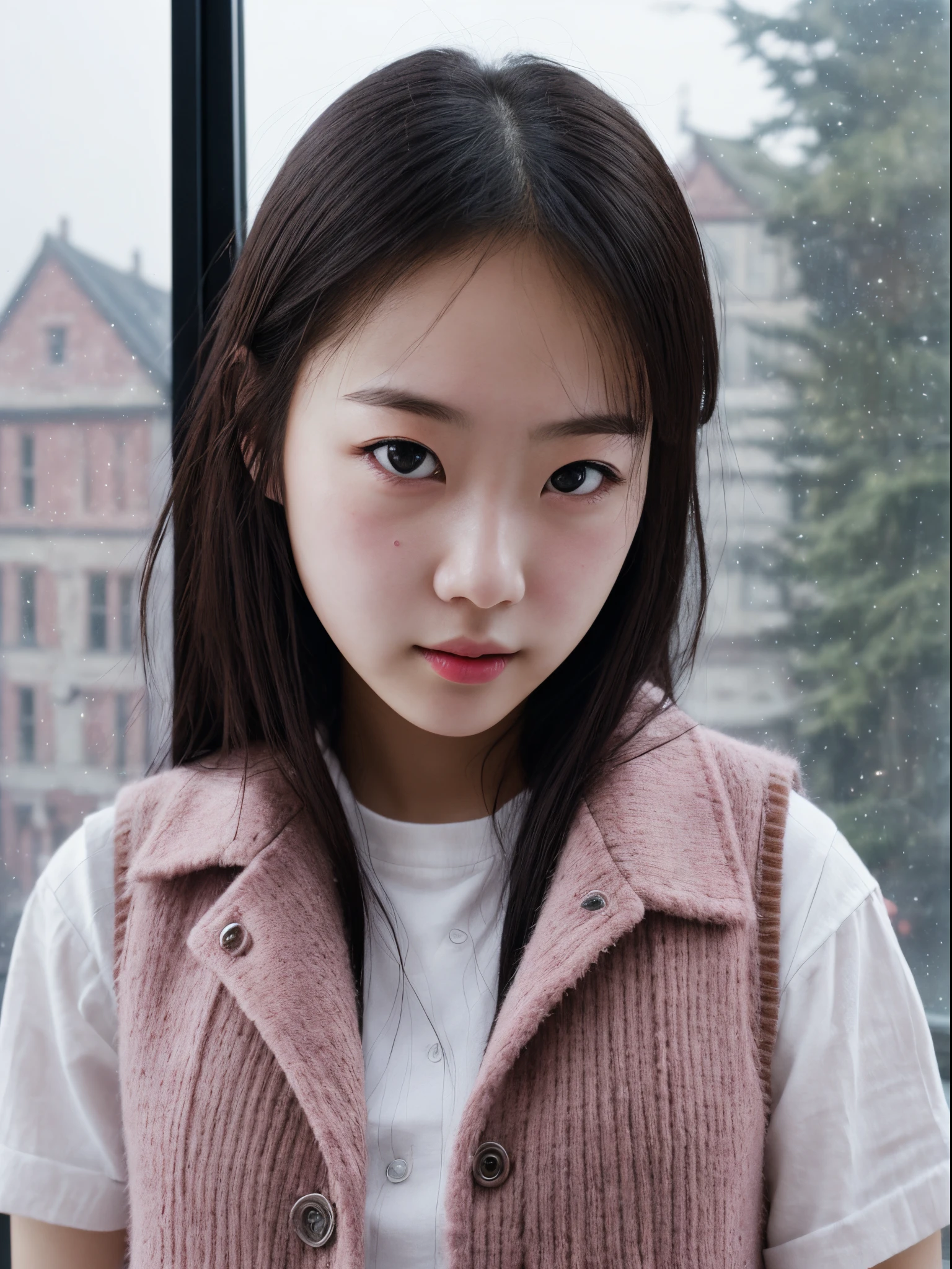 女の子1人、An 18-year-old woman、vests、drooing eyes、a picture、realisticlying、top-quality、adopt、A detailed face、s Office、Building from the window、细致背景、pink light、Bedroom