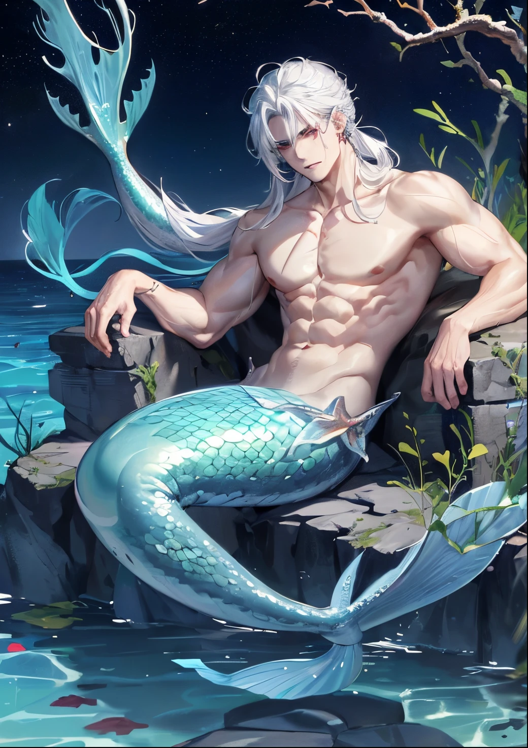 man, masculine, masculine face, attractive, muscular, (((1man))), masterpiece, absurdres, best quality ,intricate details, ((full body)), (shiny skin, shiny body, shiny oily luster skin, shiny hair, pale skintone), Sundown, attractive, ((muscular)), adult, one, earrings, Don't look at the view , Not looking at the view, silver hair, braided hair, perfect detailed face, perfect detailed hands, triton, fins, red eyes, triton ears, smirk, marine sea ornaments, open chest, ((mermaid tail)), no legs, under the sea, fishes, masculine features, masculine face, (((night))), moonlight, darkness, dark light