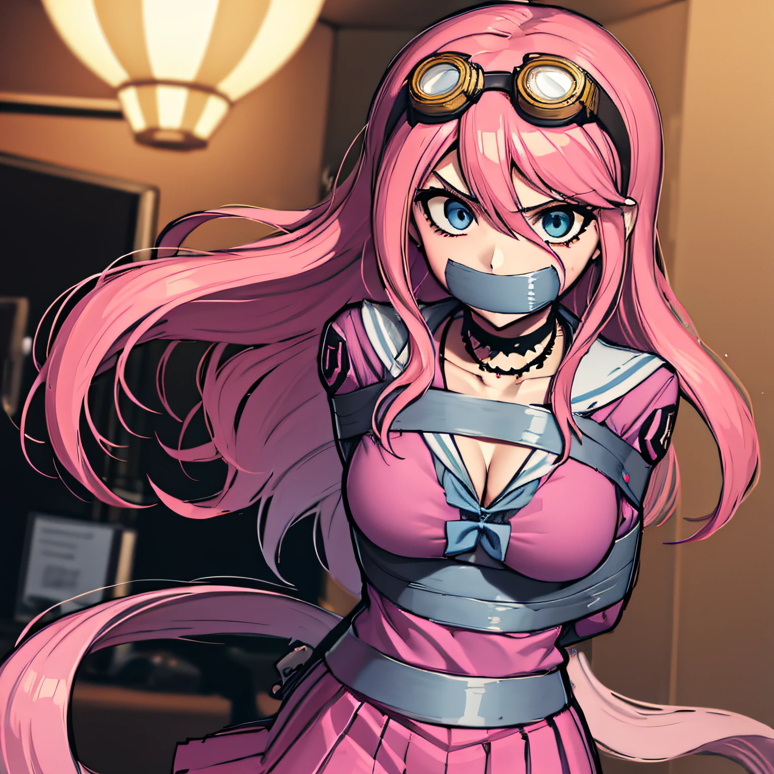 (absurdres, 8k, 4k, masterpiece, hyper extreme detailed:1.2), solo, front view portrait, best quality, portrait, solo, adult, cowboyshot, perfect anatomy, 1girl, perfect face, expressive eyes, perfect eyes, large bust, large breasts, long hair, cleavage, goggles, miuiruma, miu iruma, ahoge, pink hair, blue eyes, goggles, goggles on head, long hair, BREAK bow, choker, fingerless gloves, gloves, pink shirt, school uniform, serafuku, shirt, skirt, uniform, BREAK looking at viewer, BREAK, miu iruma, ahoge, pink hair, blue eyes, goggles, goggles on head, long hair, bow, choker, fingerless gloves, gloves, pink shirt, school uniform, serafuku, shirt, skirt, uniform, , bound, bondage, (arms behind back:1.4), bdsm, tape gag, tape, tape bondage, close-up, restrained, best anatomy, half body, tape wrapped, wrap gag, tightly bound, tape wrapped around face, tape above breasts, tape below breasts, long hair