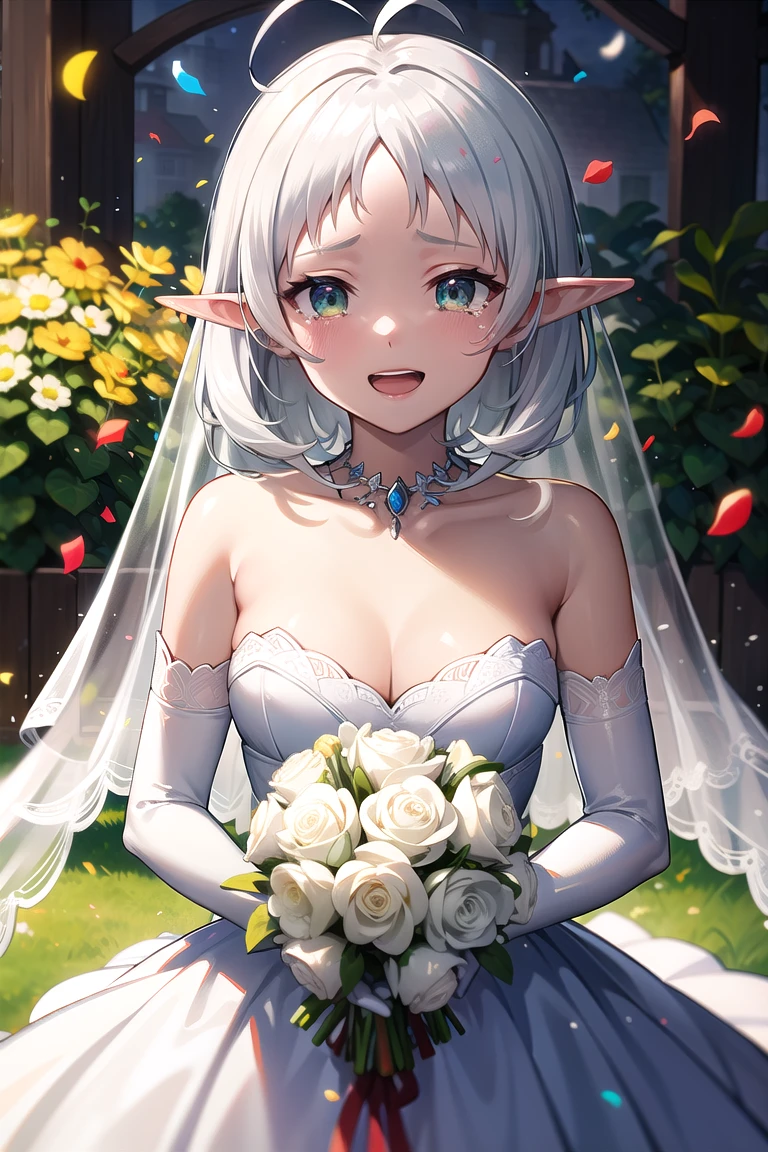 Masterpiece, Best Quality, hight resolution, aaychika,  diadem, bridal veil, necklace, cleavage, wedding dress, Strapless Dress, whitedress, white gloves, elbow gloves, garden in the background, Smile, open mouth, Tears, upper-body, confetti, Holding a bouquet in your hands, bouquet, short white hair, ahoge, elf ears, Green eyes