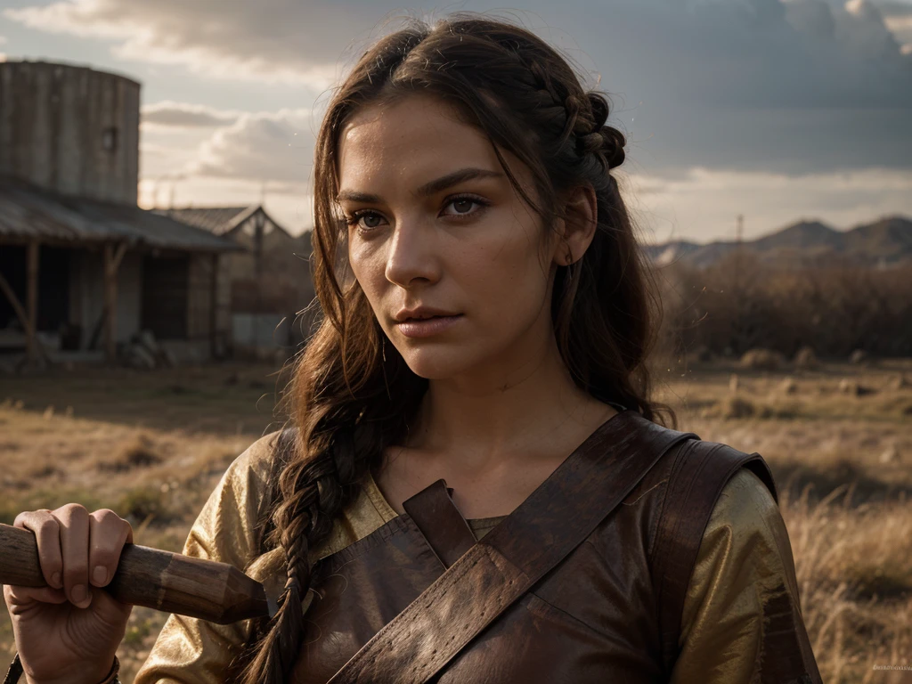 Picture a cinematic portrait of a Viking woman with a commanding presence. Her face is illuminated by a soft, diffused light, highlighting the intensity in her eyes and the determined set of her jaw. The wind whips through her braided hair, and a hint of battle scars on her face tells stories of past triumphs. Holding a finely crafted axe in her calloused hand, she exudes strength and resilience. The backdrop could feature a dramatic sky at sunset, casting a warm, golden glow on the fierce warrior, creating a cinematic and powerful atmosphere.