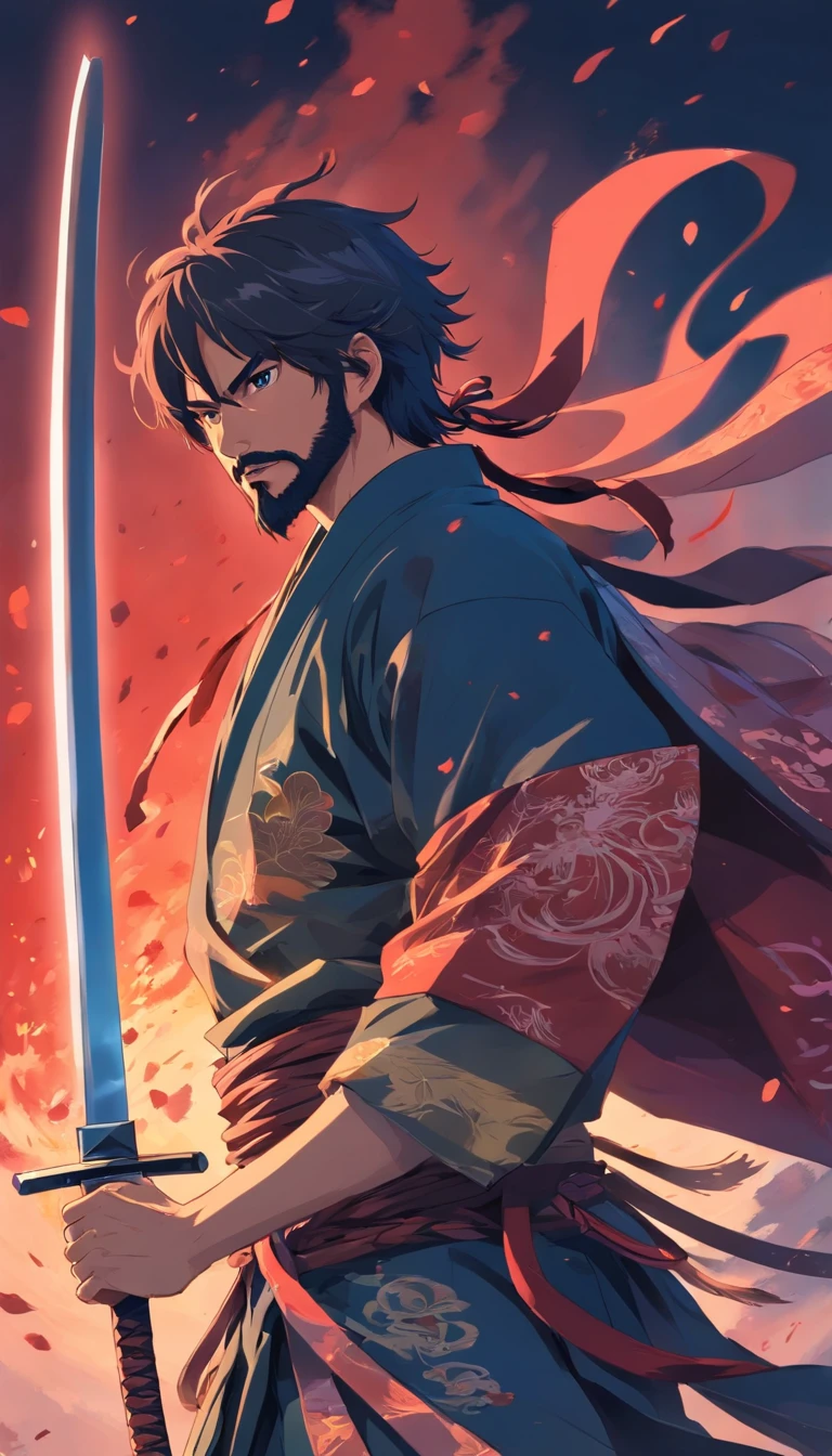 "Felipe Eyng as a bloodthirsty samurai, adorned with an ornamental katana, wearing a dark armor and a rugged beard, exuding an aura of darkness and mystery."