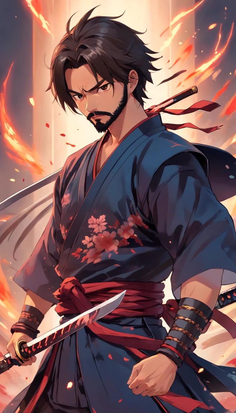 "Felipe Eyng as a bloodthirsty samurai, adorned with an ornamental katana, wearing a dark armor and a rugged beard, exuding an aura of darkness and mystery."