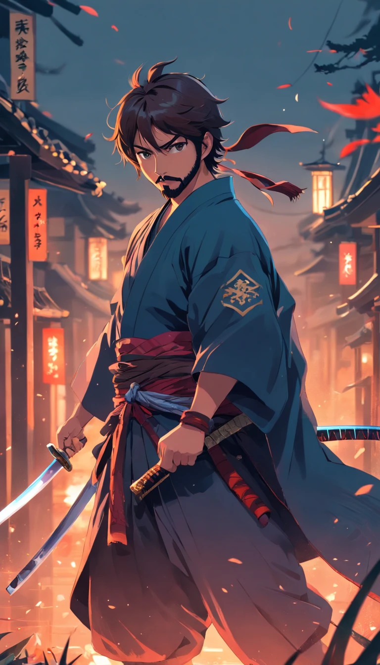 "Felipe Eyng as a bloodthirsty samurai, adorned with an ornamental katana, wearing a dark armor and a rugged beard, exuding an aura of darkness and mystery."