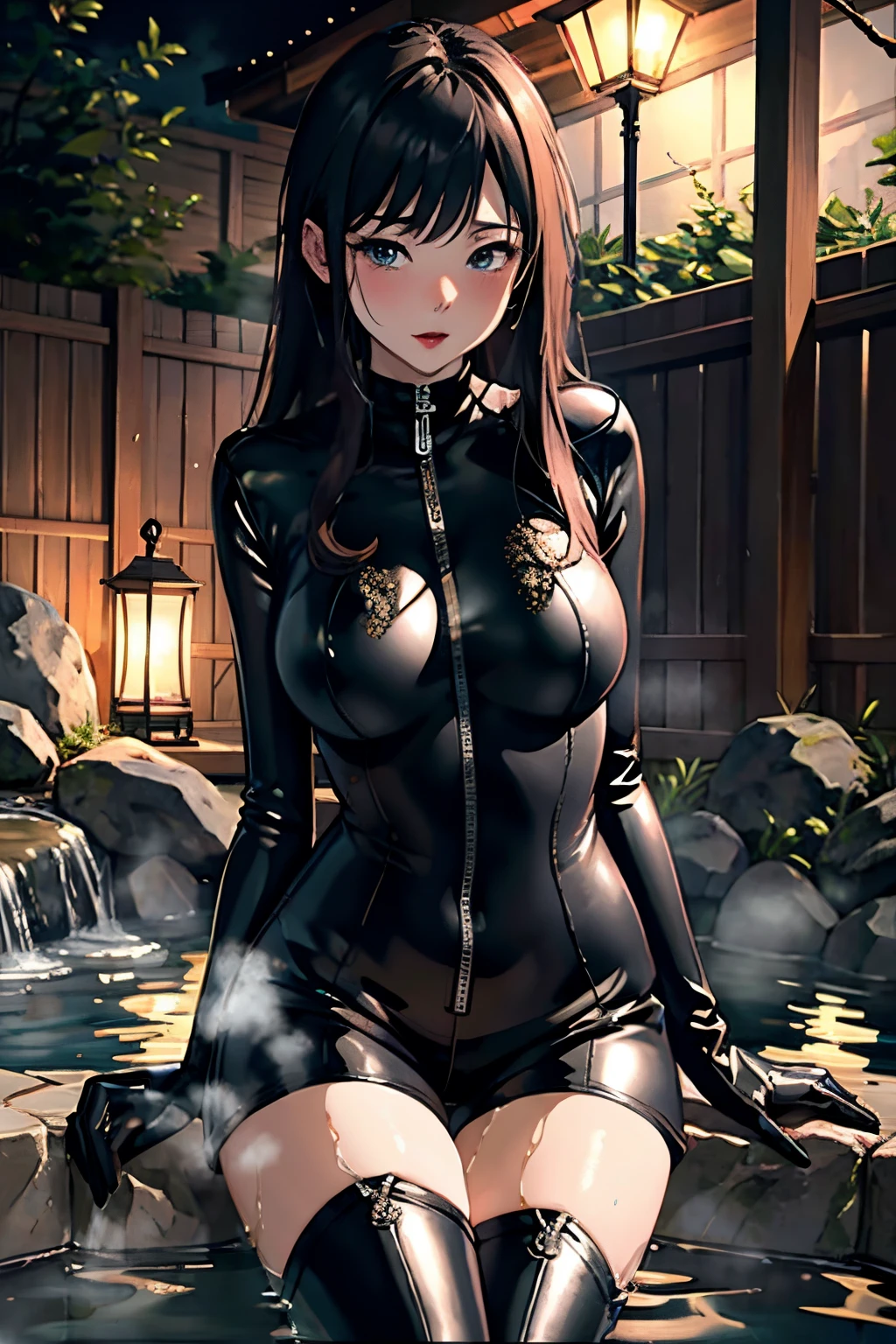 highres, women, high detail, lewd, hentai, ((black leather catsuit shorts)), ((leather thigh high boots)), black leather gloves, bare thighs, bare arms, ((wetting herself)), (peeing herself), peeing stain, large puddle, thick thighs, nice long legs, lipstick, detailed face, pretty face, embarrassed blushing face, humiliated, ((in outdoor onsen bathing))
