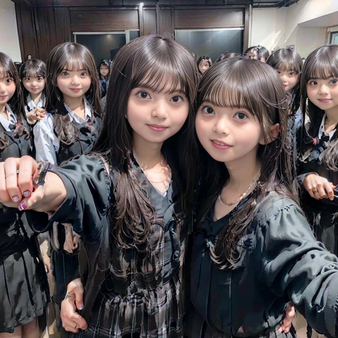 a picture、(((multiple girls))),((((6+girls)))),((((100girls)))),(((1000girls)))、((((100 Girls))))、(((group photo))),Women only、The same face、matching school uniform、************、Long black hair、100 cute girls、a smile、Selfie stick、‎Classroom、Raw photo、(((group portraits)))、a junior high school student