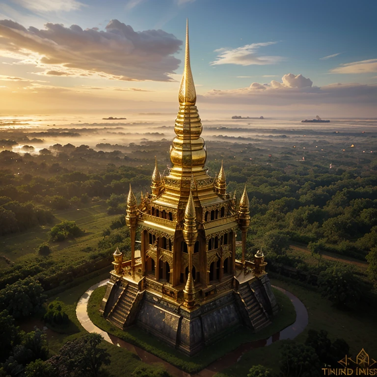 An ancient Khmer art castle made of sparkling gold crystal glass. The tip is decorated with a trident made of shining gold. Mist and clouds float on the ground. The glass castle shimmers.