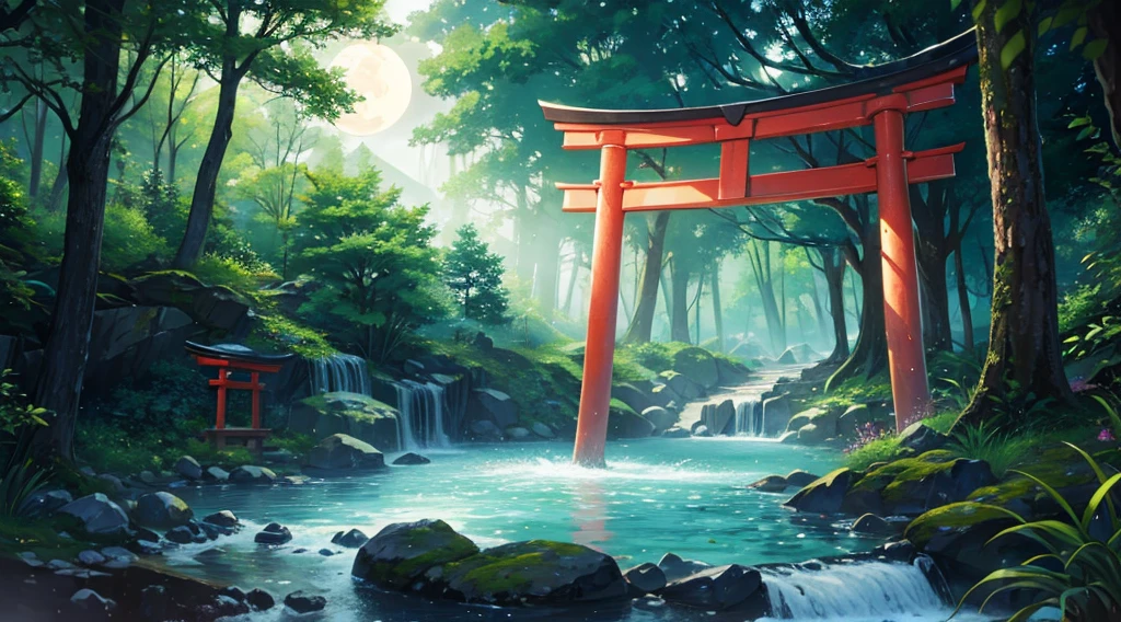 a torii, dark forest, small waterfall, brook, clear water, moon, mystical