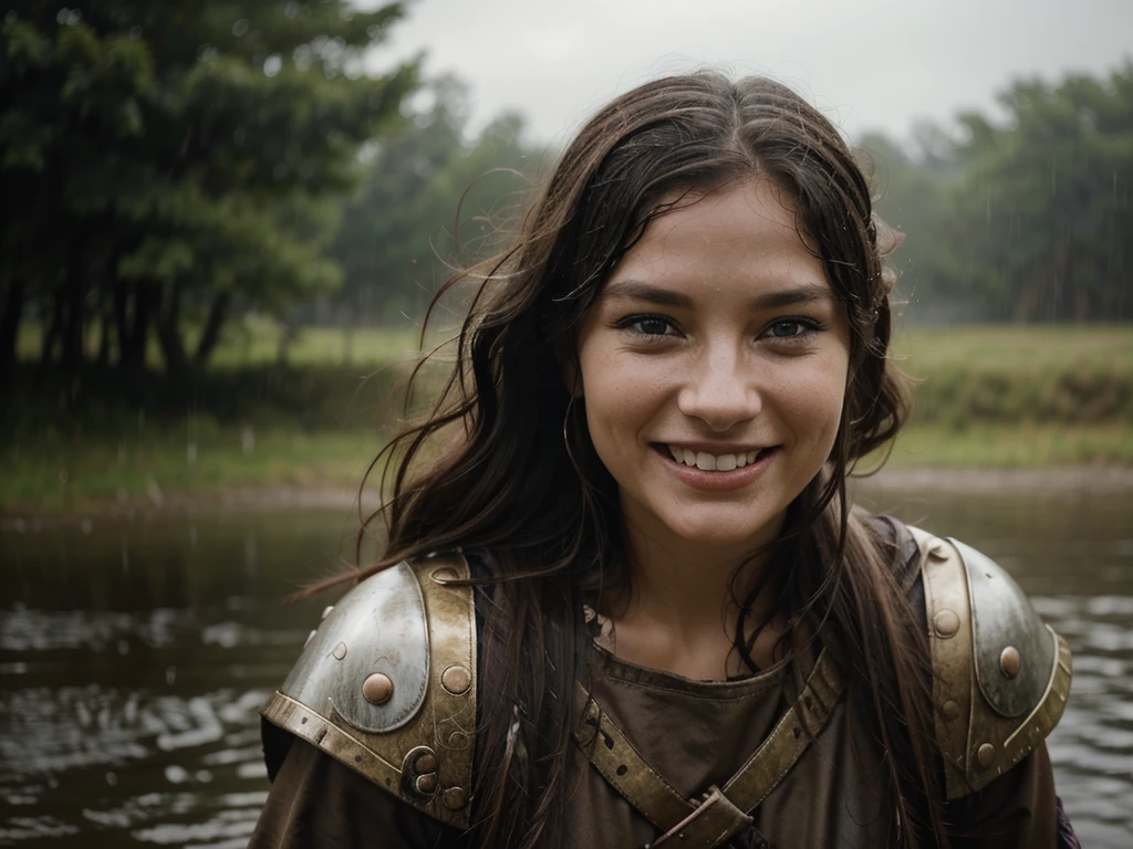 Picture the Viking woman in a rare moment of reprieve, smiling amidst the rain. Despite the fierce surroundings, her smile radiates warmth and authenticity. Raindrops sparkle on her face, and a subtle joy glimmers in her eyes, revealing a softer side beneath the warrior exterior. The contrast between the intensity of the environment and her genuine smile adds depth to the cinematic portrait, capturing a fleeting and powerful moment of resilience and humanity.