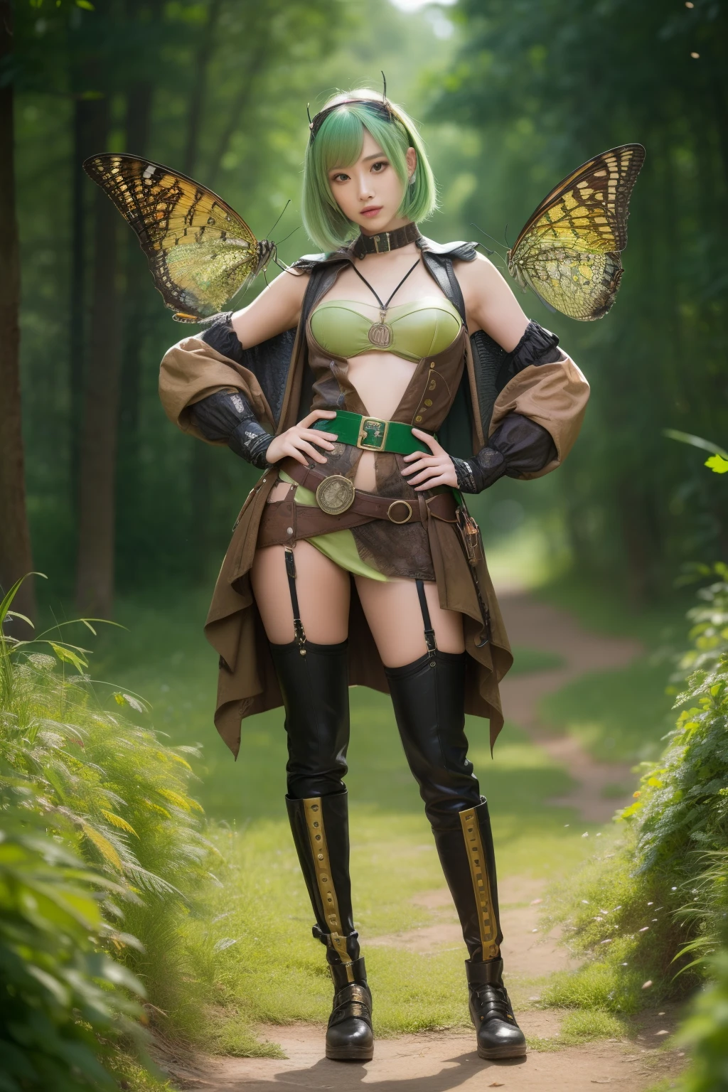 Female hero covered in grasshoppers、full body Esbian、、Steampunk fashion covered in grasshoppers(shiny green and gold)、Luminescent、light green hair、Hero's Belt、Idol face