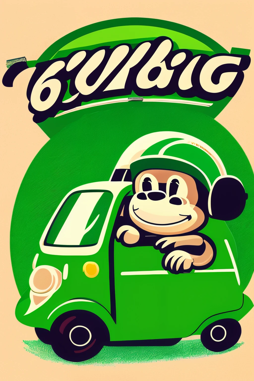 cute and cool cartoon monkey driving a cool natural green car with a green helmet, blank background for branding logo, simple style for branding logo, driving a car, mascot illustration, monkey, 2d drawing, simple cartoon style illustration, high quality illustration, cute cartoon character, vehicle illustration, happy, svg illustration,