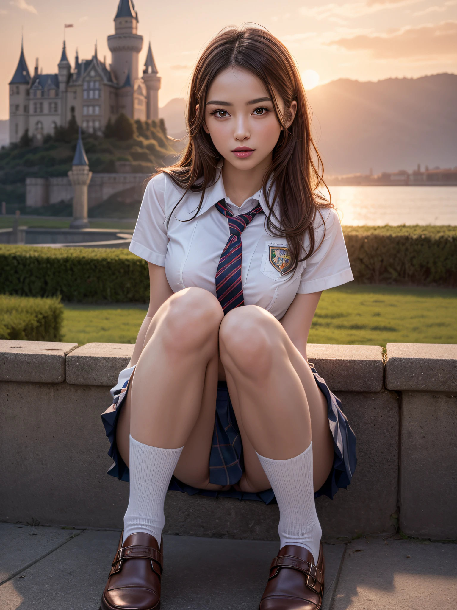 (Best Quality:1.4), (hyper quality), (Ultra-detailed), 1 beautiful girl, Extremely cute, Amazing face and eyes, (school uniform, pleated mini skirt:1.5), (beautiful breasts:1.1), (slender body:1.1), Authentic skin texture, bright and shiny lips, Beautiful Goddess Advent, (sitting, legs spread, pubick hair, cameltoe:1.3), Beautiful background, Golden ratio, conceptual art, Super Detail, ccurate, high details, Outdoors, (Beautiful Giant Castle:1.5), Sexy Art, Surrounded by beautiful sunsets, dazzling lights, Super delicate illustration details, Highly detailed CG integrated 8k wallpapers, RAW Photos, professional photograpy, Cinematic lighting, Super gorgeous illustrations, depth of field,