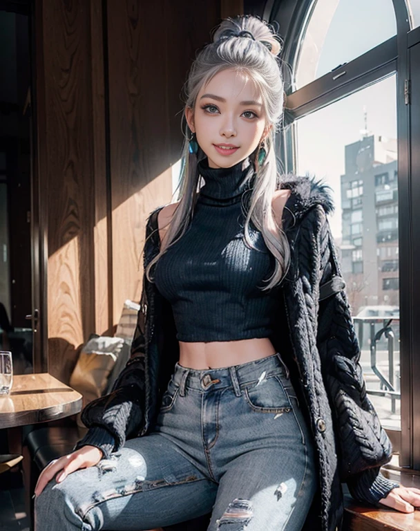 Masterpiece, 8K, photorealistic, ultra realistic, (1girl, solo),
_
the most beautiful, European ig model, 24 years old, 170 cm, (((large breasts:1.2))), ((slender waist, toned thighs, toned arms):1.3)), ((small head, small face, small mouth:1.3)), diamond Face, small nose, Sharp Faceline,
_
BREAK (under body, dynamic angle, wide shot):1.4), sitting, from below, look at viewer, Focus foot,
_
(black theme and White), in the night, Inorganic, Inorganic concrete studio with window, small window, gray concrete block, highly, blur, blur background, front lightning, Cinematic lighting,
_
BREAK ((big eyes, Double eyelid, tareme, droopy eyes):1.3), ((smile, small lips, teeth:1.3)), (mole under eye:1.2), (Perl White teeth), ((gray hair)), (short hair, ponytail), asymmetrical hair, (Aqua eyes:1.4), light makeup, thin eyebrow, shiny skin, detailed skin, detailed face, (detailed face skin), perfect eyes, (detailed eyes:1.3), shiny hair, ultra-detailed fingers,
_
BREAK dark coat, detective coat, ((longcoat, ƒ/8, composite, worn gray coat, felt, Faux Fur Hood, A knee-length quilted puffer coat in a neutral color like olive or navy, Faux fur-lined hood for added warmth and style, Wear with a black chunky knit scarf and knee-high boots for a winter-ready outfit, black High neck Fur sweater:1.4)), BREAK ((denim pants:1.2)), ((silver earring, silver bracelet, silver necklace):1.2), raw photo,