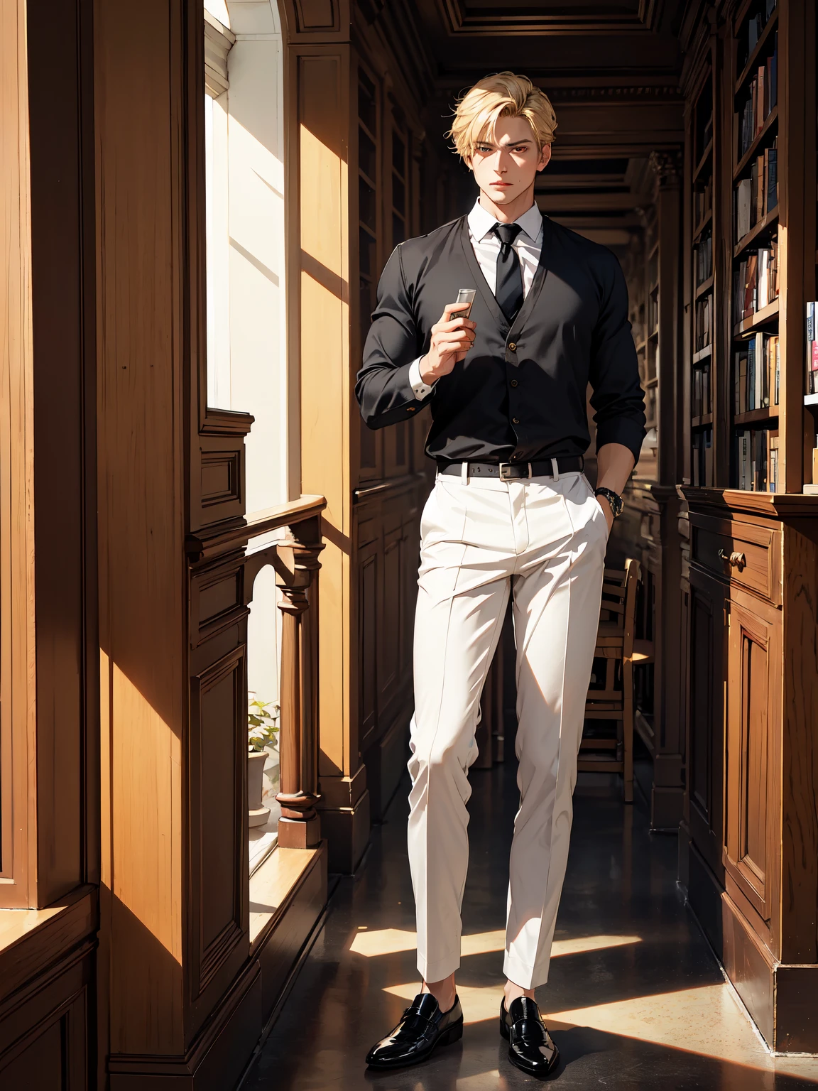 Gorgeous man, strong physique, black colored social blouse, long white pants, black colored social shoes, blonde hair split in the middle, straight hair, brown colored eyes, slender appearance, elegant, library scenery, brown tie, indifferent look, ancient kingdom, man in his 40s.