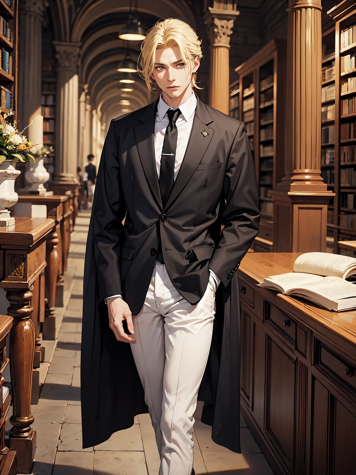 Gorgeous man, strong physique, black colored social blouse, long white pants, black colored social shoes, blonde hair split in the middle, straight hair, brown colored eyes, slender appearance, elegant, library scenery, brown tie, indifferent look, ancient kingdom, man in his 40s.