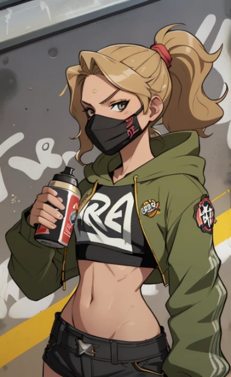 A rebellious young woman, wearing a croptop, sportsshorts and a jacket with a hood, protective mask, wavy blonde hair in a ponytail, equipped with a spray can, doing graffiti at a a railroad underpass