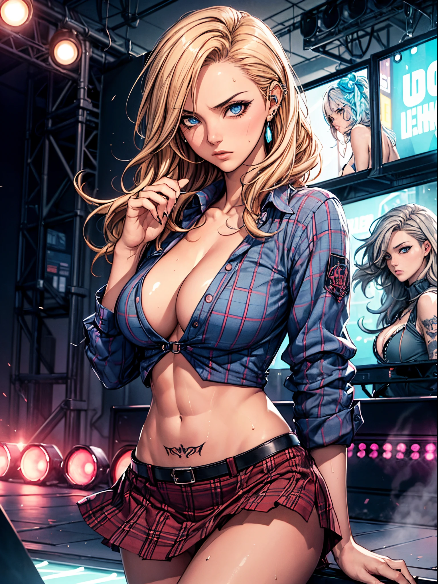 (masterpiece), (top-quality), sunset, natural lights, ,(realistic:1.5), Stunningly beautiful (singer) , (singing on a stage), (rock_concert), sweat, heavy breathing, (punk-rock girl) , (punk_top) , short_skirt, tartan shirt, perfect detail, perfect fingers, perfect limbs, impact, (shiny skin) , abs, tattoos, piercings, wavy hair, (blonde_hair), punk hair, (bright shot:1.1),masterpiece that captures the essence and beauty of the woman, ((cleavage)), cleavage, sexy, sensual, dark blue eyes, determined expression, sexy pose, athletic, looking at viewer, eye contact, indoor, detailed rock concert in background, neon lights, dynamic pose, action pose,alluring, seductive_pose, neon lights, cleavage, athletic body, medium breasts, upper body, mid shot, masterpiece, detailed, mature, bright colors, high saturation, stunningly beautiful girl, precise hands, determined expression, serious, courageous, brave, Clear eyes, Shining eyes,, ultra-definition, Top resolution, soft lightning