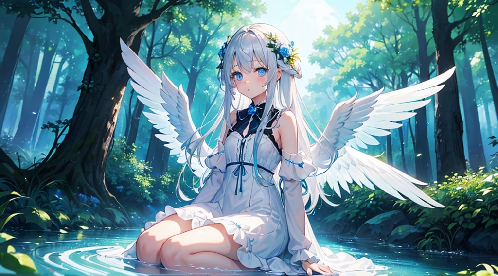 (1girl, silver hair, long hair, blue eyes, white sundress, angel wings, cute, kawaii), (sitting in a forest, fantasy forest, blue moon, clear stream, glowing blue color)