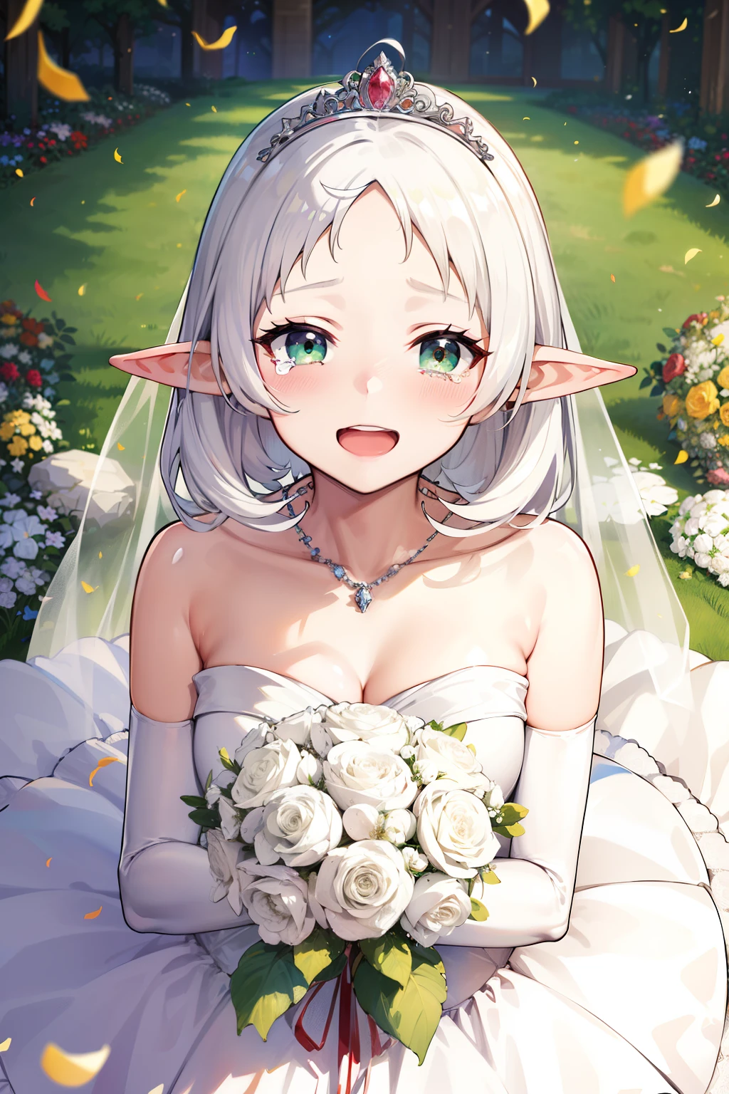 masterpiece, best quality, highres, aaichika,  tiara, bridal veil, necklace, cleavage, wedding dress, strapless dress, white dress, white gloves, elbow gloves, garden on background, smile, open mouth, tears, upper body, confetti, holding bouquet, bouquet, short white hair, ahoge, elf ears, green eyes