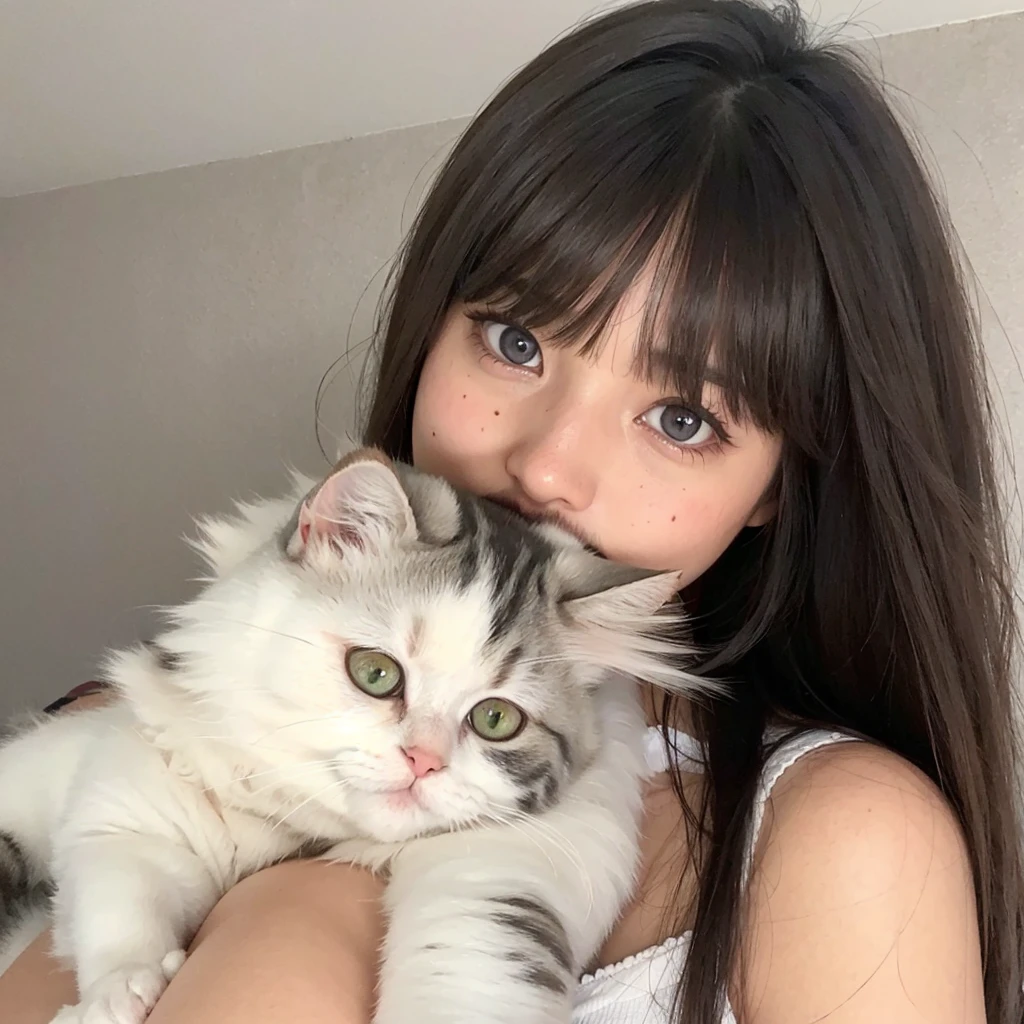 Hay una mujer sosteniendo un gato en sus brazos, muy hermosa linda catgirl, Ojos lindos y amigables, Hermosa joven catgirl, con cabello largo y ojos penetrantes, cabello negro y ojos grandes, Ojos grandes y cabello largo y suelto, Atractiva chica gato, con hermosos ojos detallados, brown hair and large eyes, Lalisa Manobal, con ojos grandes