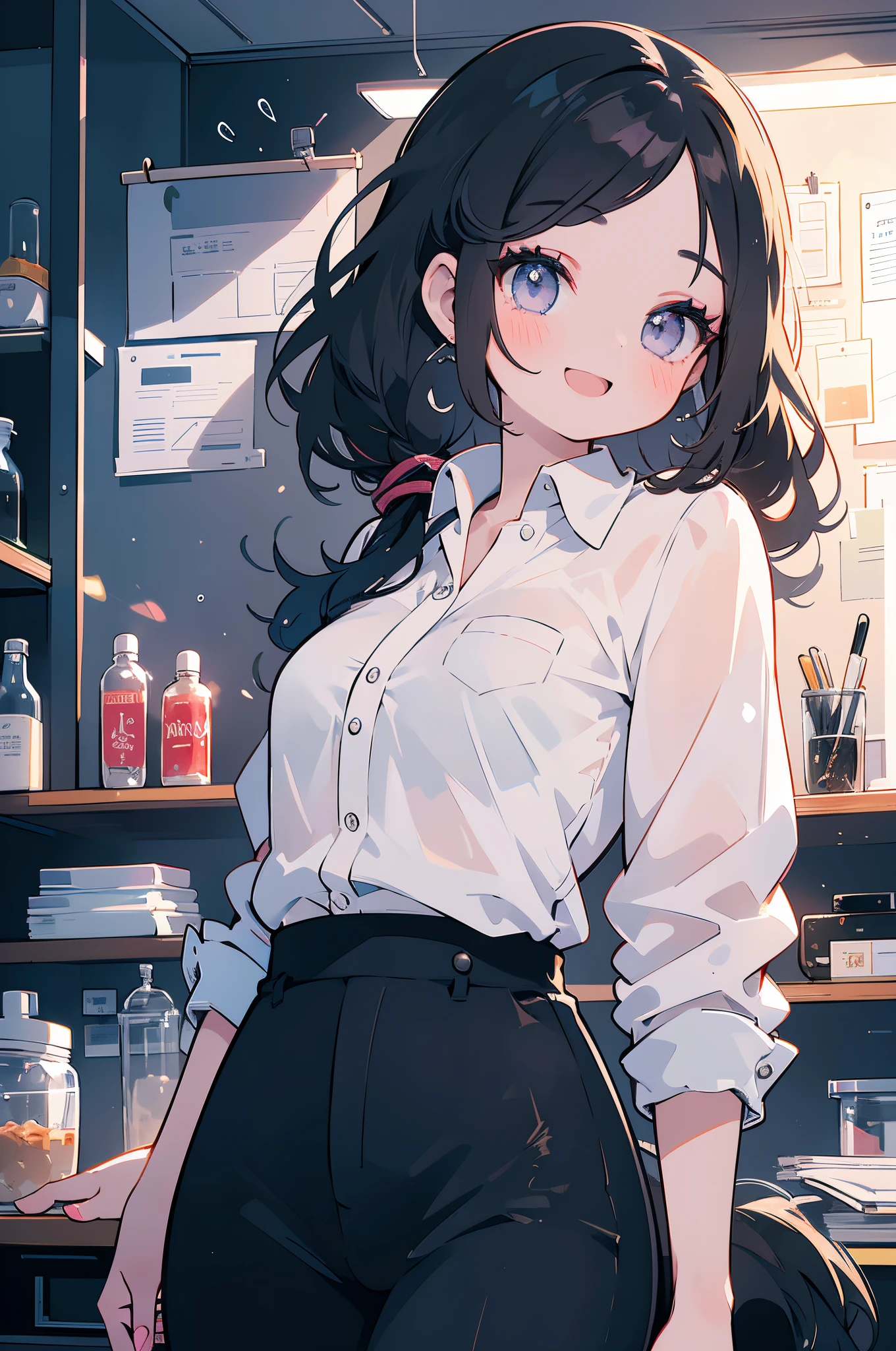 A girl who is happy and excited after finishing work,office casual style,shiny black long ponytail hair,the girl smiles happily,delicate makeup and long eyelashes