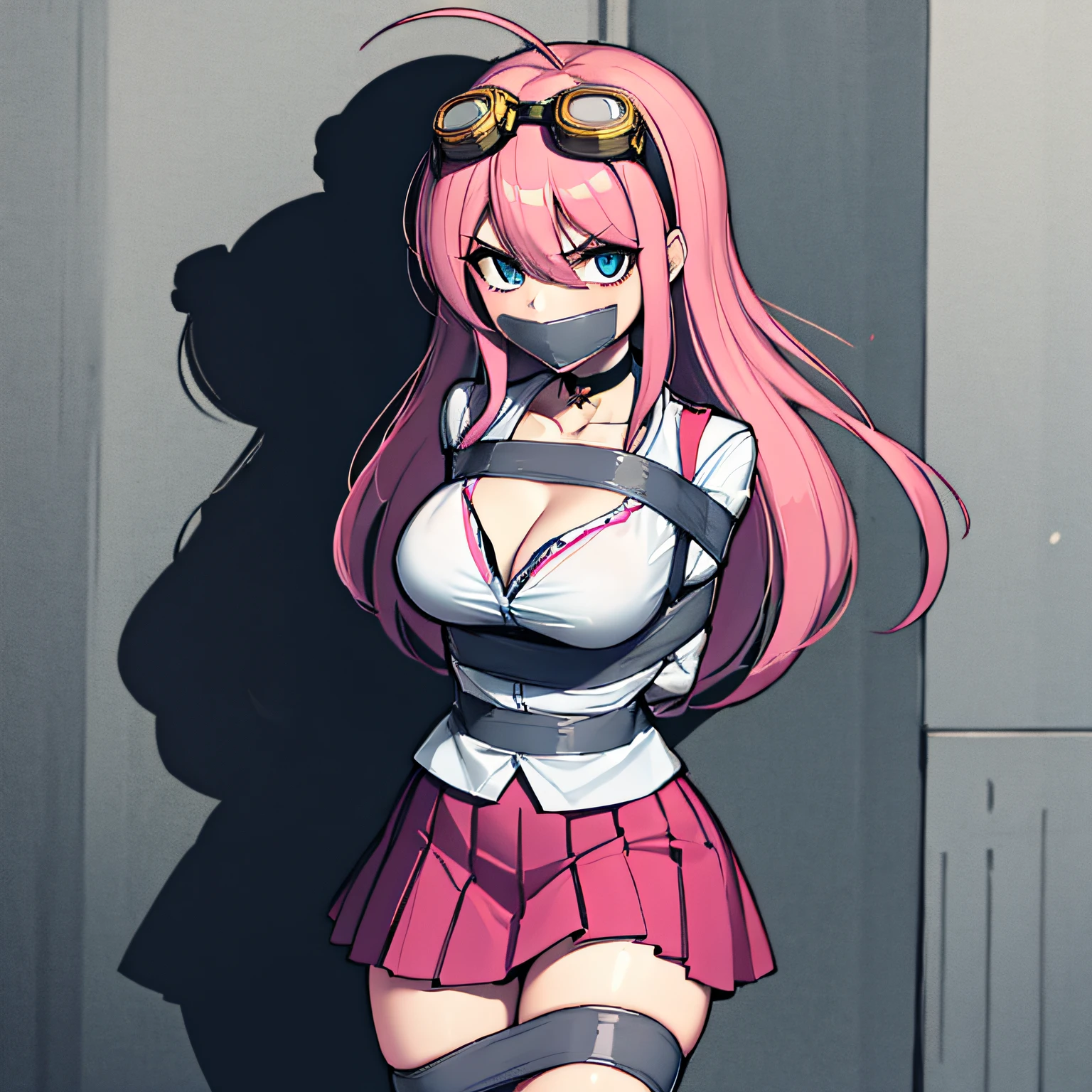 (absurdres, 8k, 4k, masterpiece, hyper extreme detailed:1.2), solo, front view portrait, best quality, portrait, solo, adult, cowboyshot, perfect anatomy, 1girl, perfect face, expressive eyes, perfect eyes, large bust, large breasts, long hair, cleavage, goggles, miuiruma, miu iruma, ahoge, pink hair, blue eyes, goggles, goggles on head, long hair, BREAK bow, choker, fingerless gloves, gloves, graphic t-shirt, skirt, annoyed, BREAK looking at viewer, BREAK, miu iruma, ahoge, pink hair, blue eyes, goggles, goggles on head, long hair, bow, choker, fingerless gloves, gloves, skirt, bound, bondage, (arms behind back:1.4), bdsm, tape gag, tape, tape bondage, close-up, restrained, best anatomy, half body, tape wrapped, wrap gag, tightly bound, tape wrapped around face, tape above breasts, tape below breasts, long hair, streetwear, graphic t-shirt,