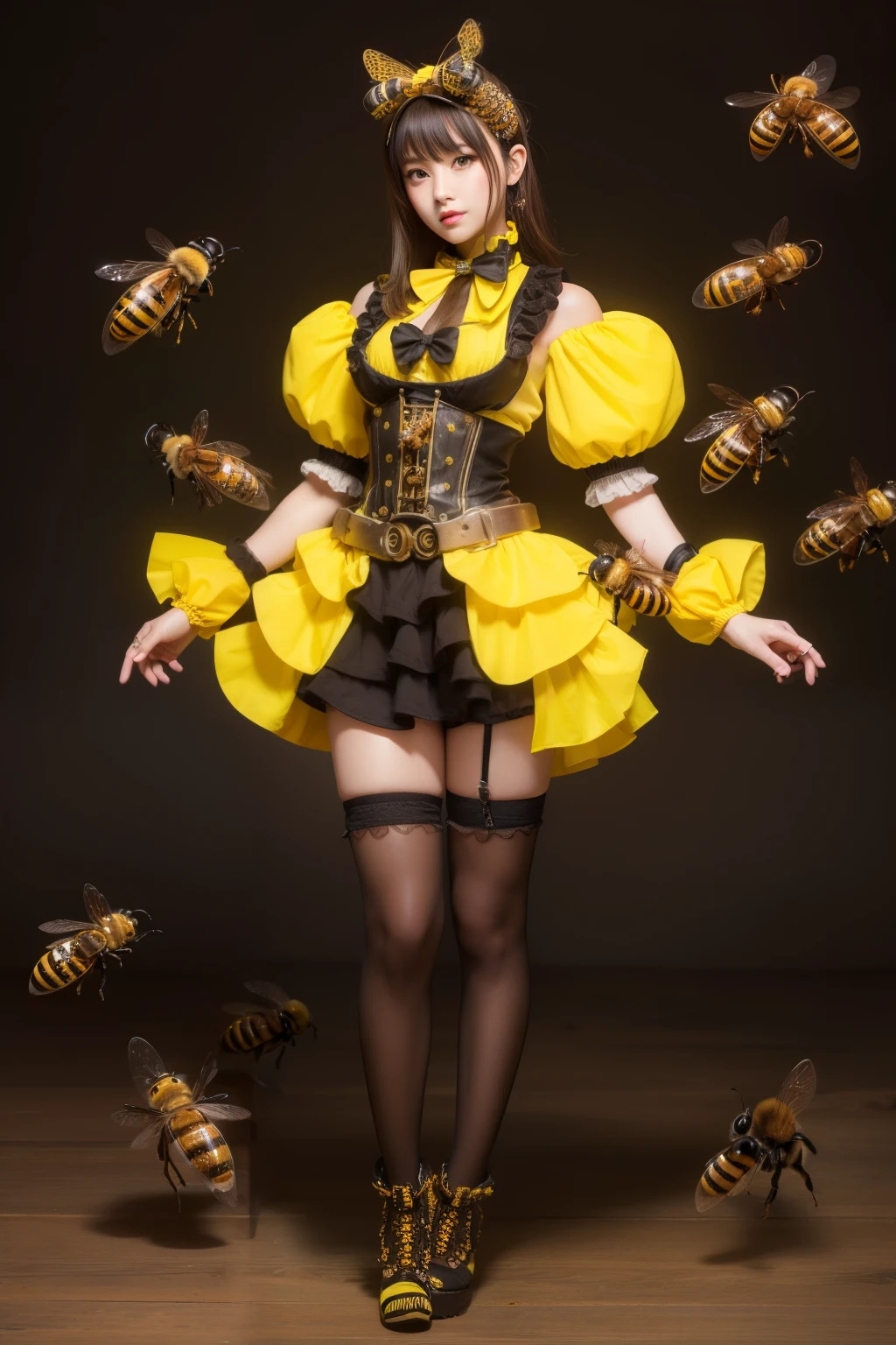 Female idol covered in bees、full body Esbian、、Steampunk fashion full of bees(fluorescent yellow and black)、Luminescent