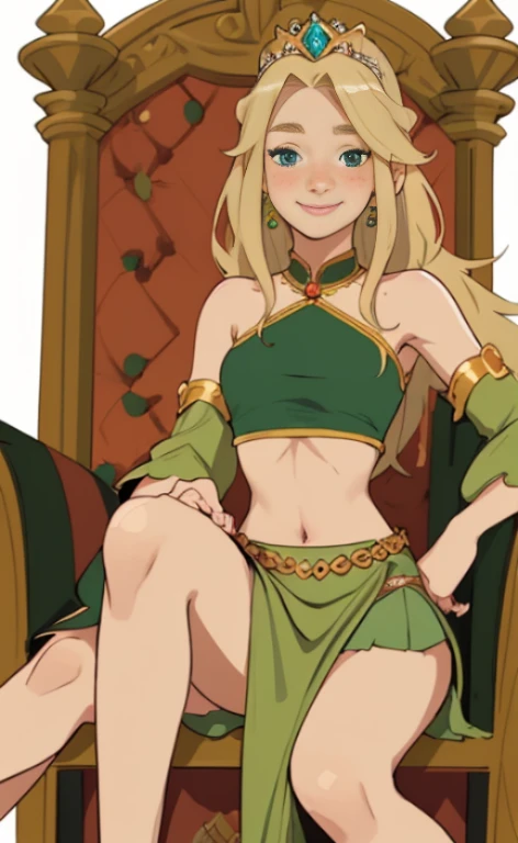 (masterpiece, best quality, high resolution:1.4), rapunzel,, (straight hair:1.3), long hair, (flat chest: 1.6) (chastity cage), (testicles) huge testicles, oversized testicles., looking at viewer, green island outfit, barefoot, smile, castle,