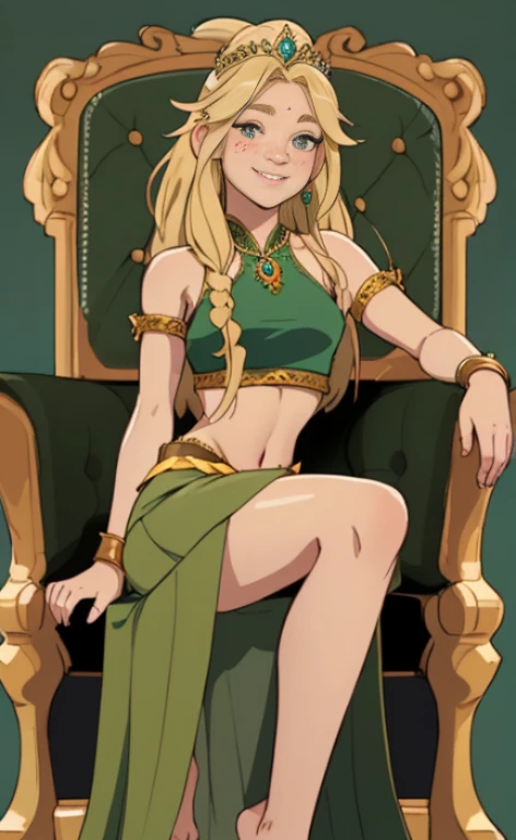 A 23 years old barefoot blonde topless beautiful princess, wearing a green skirt and a tiara, sitting on a throne, facial freckles, calm smile.