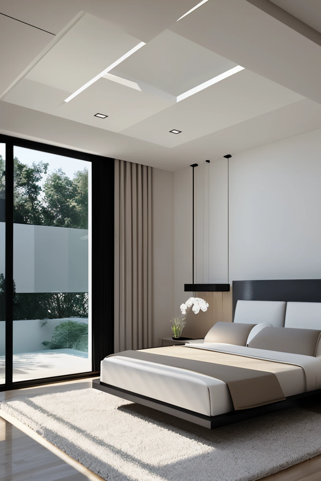 very minimal, contemporary, master bedroom, spacious, luxurious, contemporary ceiling design, contemporary light render, two cool color, window on the right of the bed.
