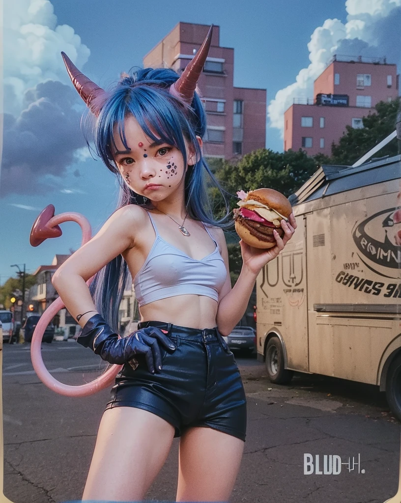 Blue haired demon girl pink skin blushed cheeks, gloves, bandage white top, navy blue lycra shorts holding hamburger, multiple food trucks in the background, blue sky, buildings, grumpy face, pink skin, red horns, demon tail, angry face, big clouds, angry grumpy face, very pink skin color, make skin look pink, very realistic demon tail