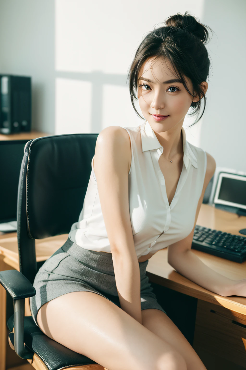 intelligent woman、8K、top-quality、25-years old、Realistic rays、Bursting breasts beauty、Top image quality、Beautiful skin、Natural complexion、Company Desk、Sit on a chair、Company OL Blazer、校服、Female Announcer、Lace sexy white panties on shirt、Panties visible from a normal-length skirt、Pretty figure、Trim your hair、Open your legs、、Lace sexy panties visible.updo hair、Female Announcer