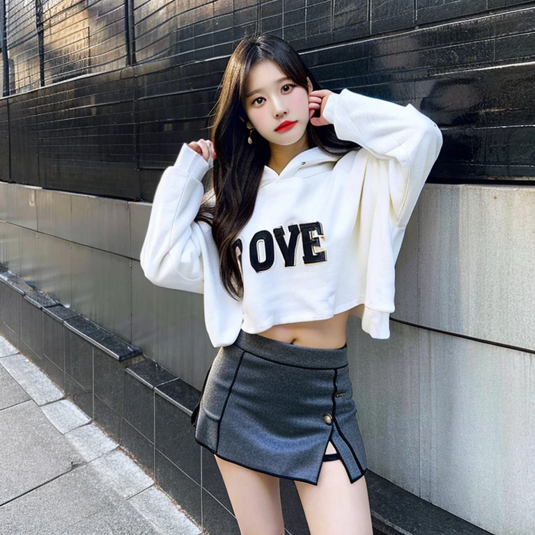 Asian girl, 20 years old, love pose, oversize hoodie, seductive, crop top, mini skirt, full body