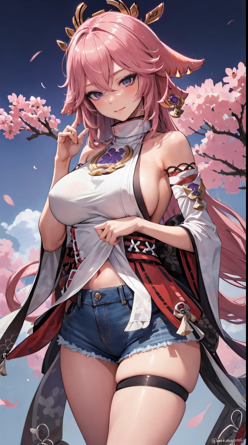 Yae Miko|genshin impact, master-piece, bestquality, 1girls,25 years old, shorts jeans, Beautiful breasts, Long Jeans, View viewers from the front., Thigh strap, Head tilt, bored,