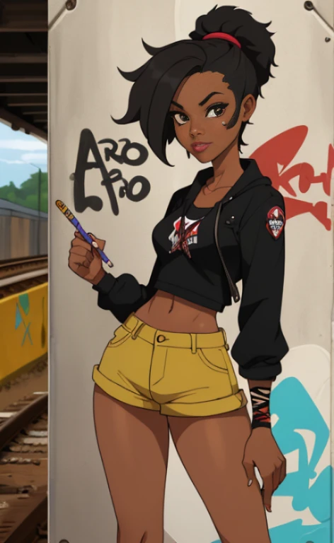 A rebellious young black woman doing graffiti at a a railroad underpass