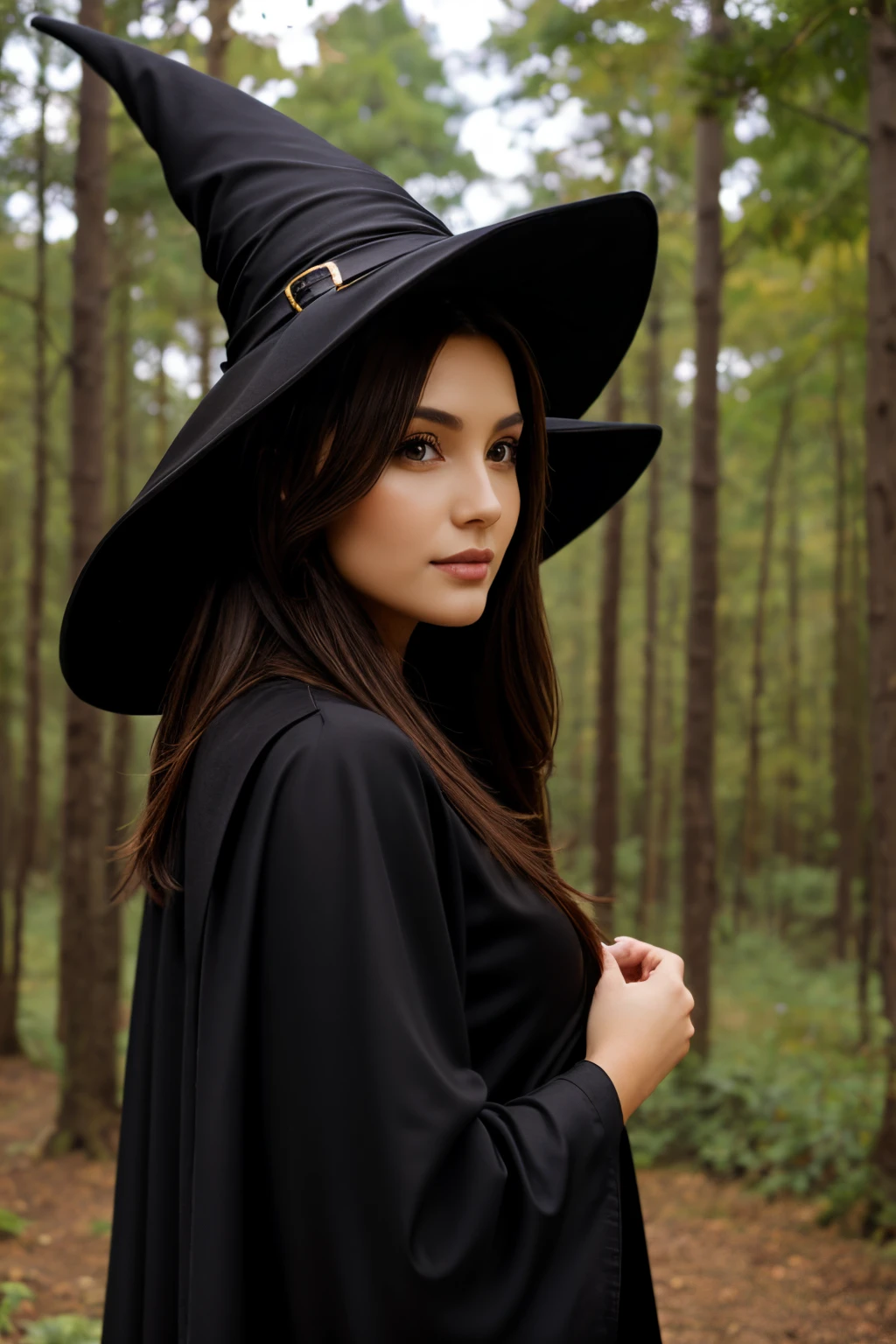 tmasterpiece，beautiful female Bettie Page witch，Brown hair long，Black wizard hat，Black robes，Side photo，Woods background，As estrelas