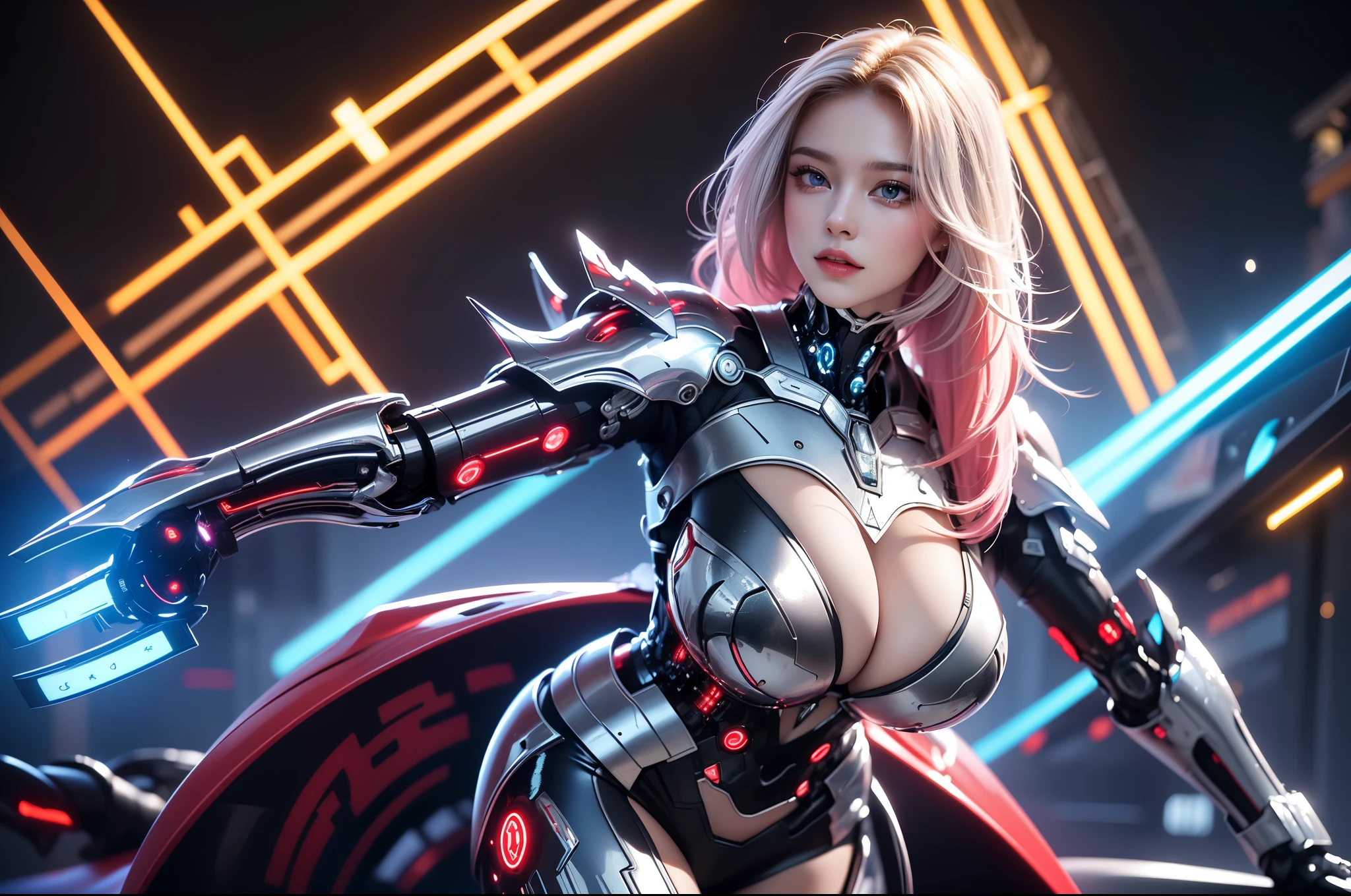 (masterpiece), best quality, expressive eyes, perfect face, beautiful details face, beautiful round eyes, upper body, A beautiful mature woman in cybernetic armour suit shows her Extremely busty and attractive breasts, (light smile), (random hair colours), (random hairstyles, expressive hair, shiny hair, glowing hair, multicolored hair, gradient hair, colored inner hair, straight hair, medium long hair), fair skin, (beautiful detailed full cybernetic suit:1.3), (full body cyber armour), glowing and shining armour, gold and red cyber armour, (cybernetic wings:1.2, Gigantic mechanical wing:1.2), (Edge lights:1.3), (silver and red colour scheme:1.3), neon light on armour, beautiful details eyes, (blue eyes:1.2), (glowing eyes:1.2), (Gigantic saggy breasts:1.2), tight breasts, thick body, (well accentuated curves), pink lips, (silver nails), mascara, Long eyelashes, eyeliners, (Extremely wide well defined hips:1.3), (beautiful massive thick thighs:1.3), slender figure, (Extremely detailed skin texture:1.2), beautiful detailed realistic definition, golden lights that shimmer, high detailed eyes, ultra-high quality model, proportionate, intense colouration fantasy, (fantasy cyber city background), white and gold tetradic colours, (1girl), solo, cowboy shot, shine, glowing