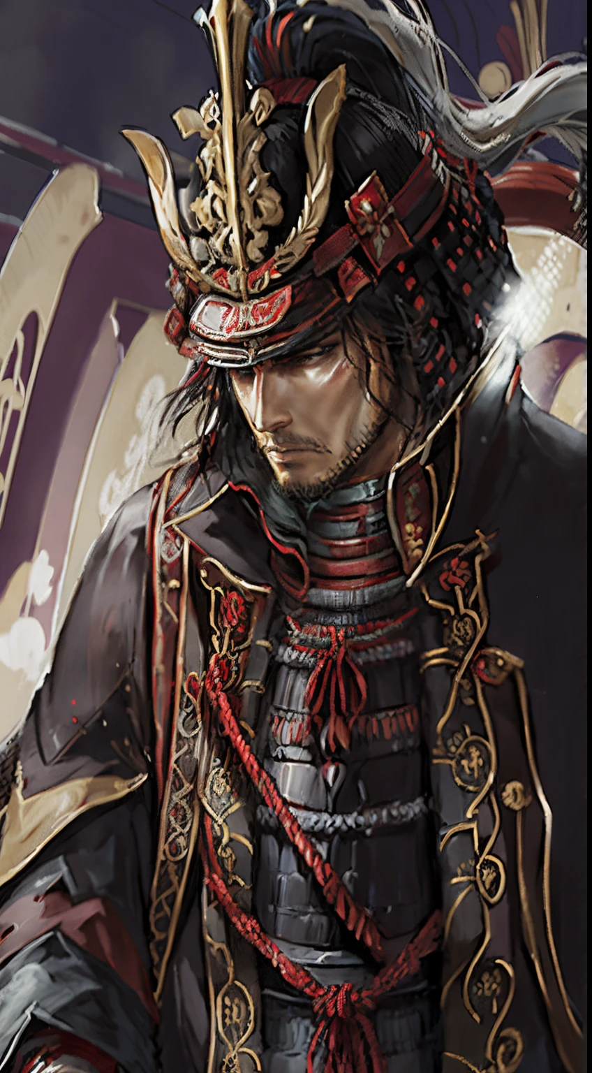 Oda Nobunaga, Honnoji Temple，Best quality，A half body, tmasterpiece，Handsome face，shelmet, Katana in hand