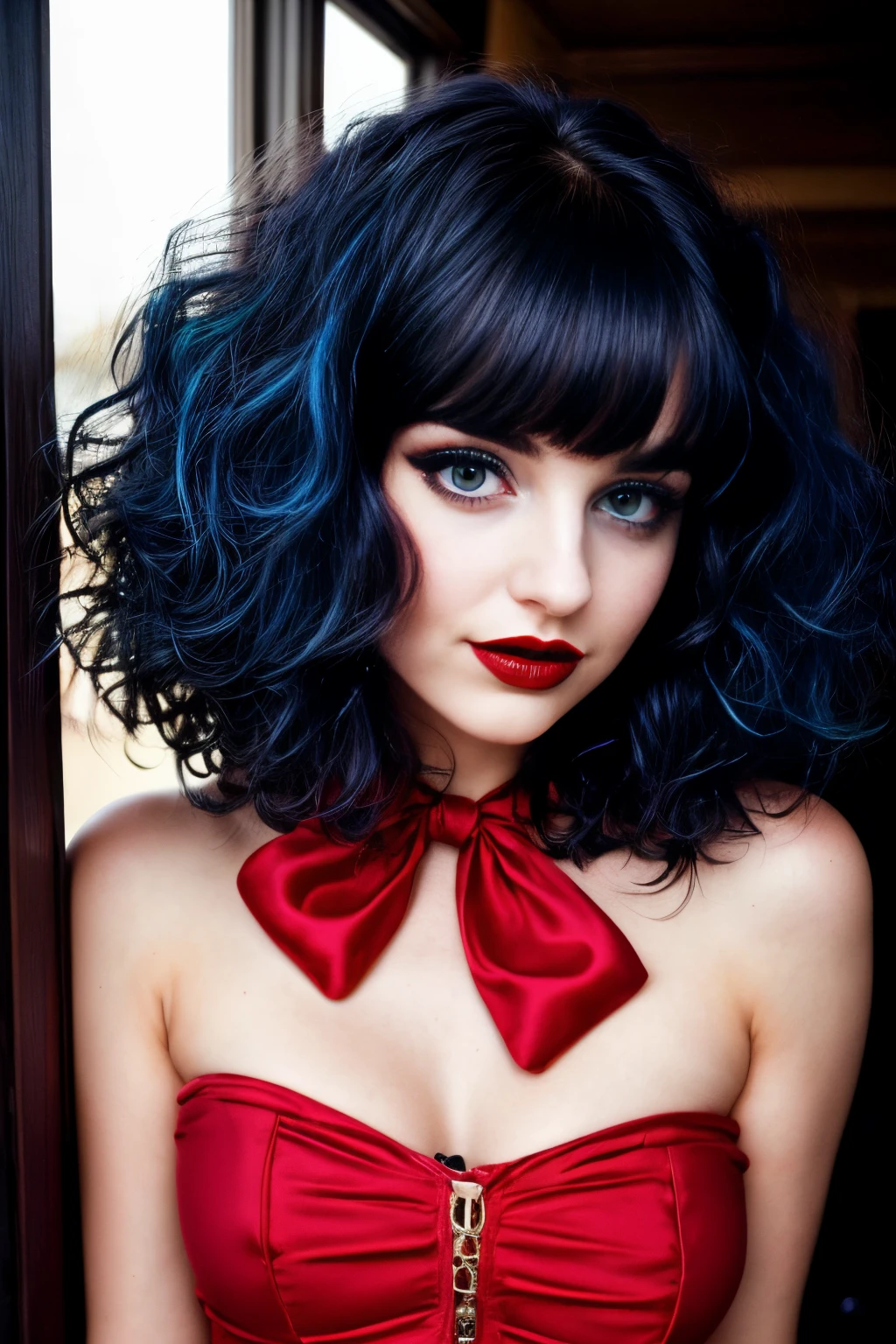 upper body, a badass GothGal, 28 years old, (caligirl:1.3), slaying it, wearing a red GothGal outfit, red dress, ribbon, frills, Pouty lips, Long eyelashes, thick lips rosy cheeks, cuteness overload , moody atmosphere, dimples, Resist her cuteness!!!, cute smile, fair pale skin, oily skin, radiant eyes, (Voluminous curls hair cut), (Navy blue hair color), direct flash photography, color filter, grainy, Bob-cut, (colorful light)