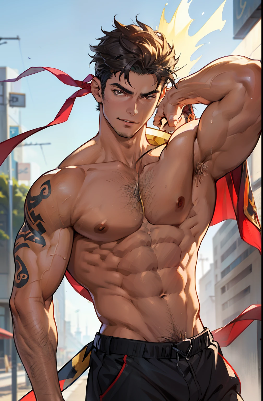 A mais alta qualidade de imagem,Pessoas do sexo masculino,Child,1 ,jovem e bonito,Shoun,cabelos Castanho,Cabelo liso curto,Pele escura,Anime peito grande,anime wallpaper,sozinho,Foco Masculino,cuecas,Dilation of the pectoral muscles,Virilha saliente,Fundo Urbano,Espalhe as pernas,sexy,(master part, best quality),meias brancas longas,Botas Red Martin,without the shirt, flexing your muscles, Fazendo cara de safado, Big chest, lightning boits