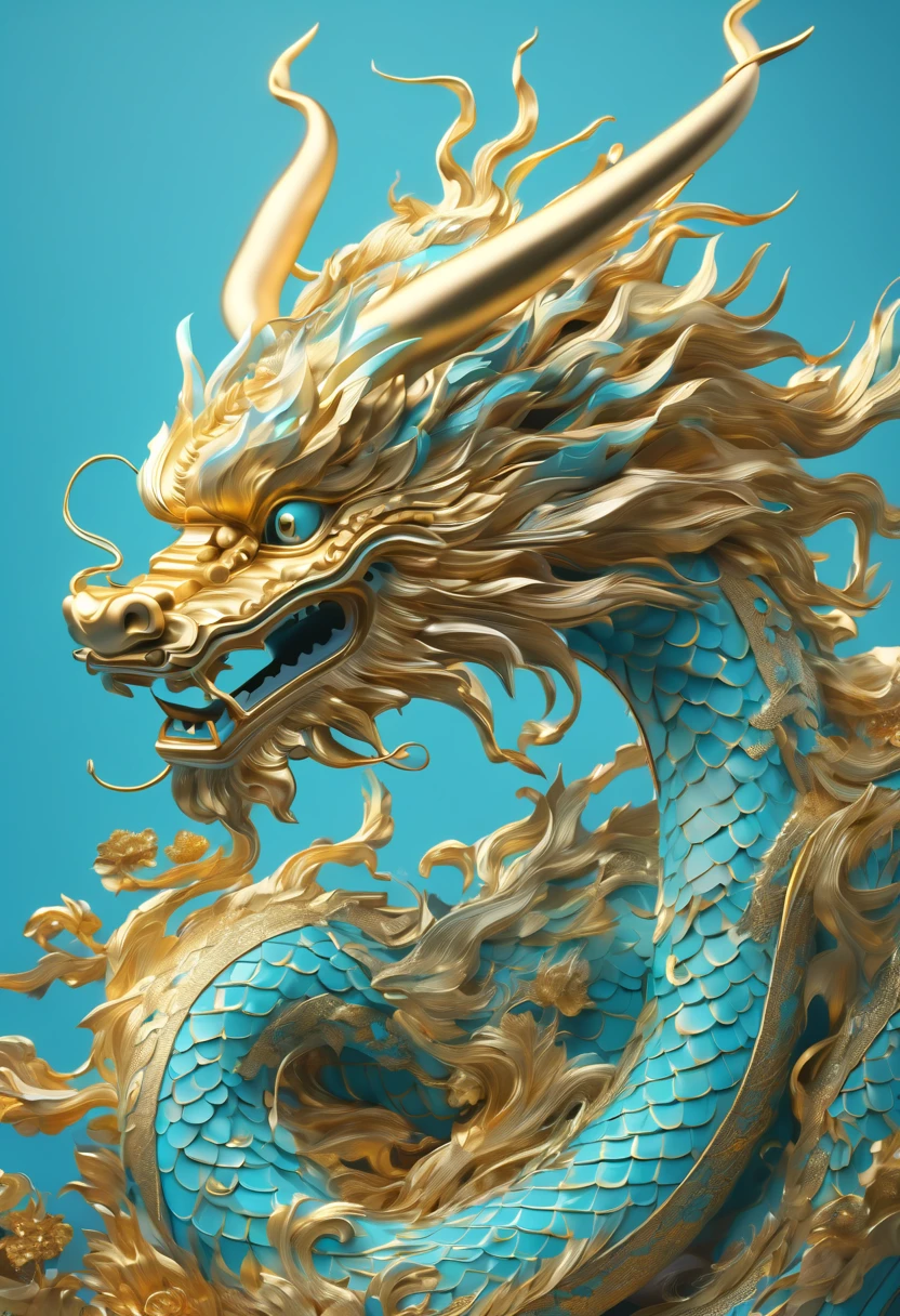 A dragon statue on a blue background,wave, cyan chinese dragon fantasy, Detailed digital 3D art, intricate ornate anime cgi style, smooth chinese dragon, Chinese Dragon, Highly detailed digital art, high detailed digital art, ultra detailed Digital art, 8K high quality detailed art, Golden dragon, chinese dragon concept art, majestic japanese dragon, dragon design language