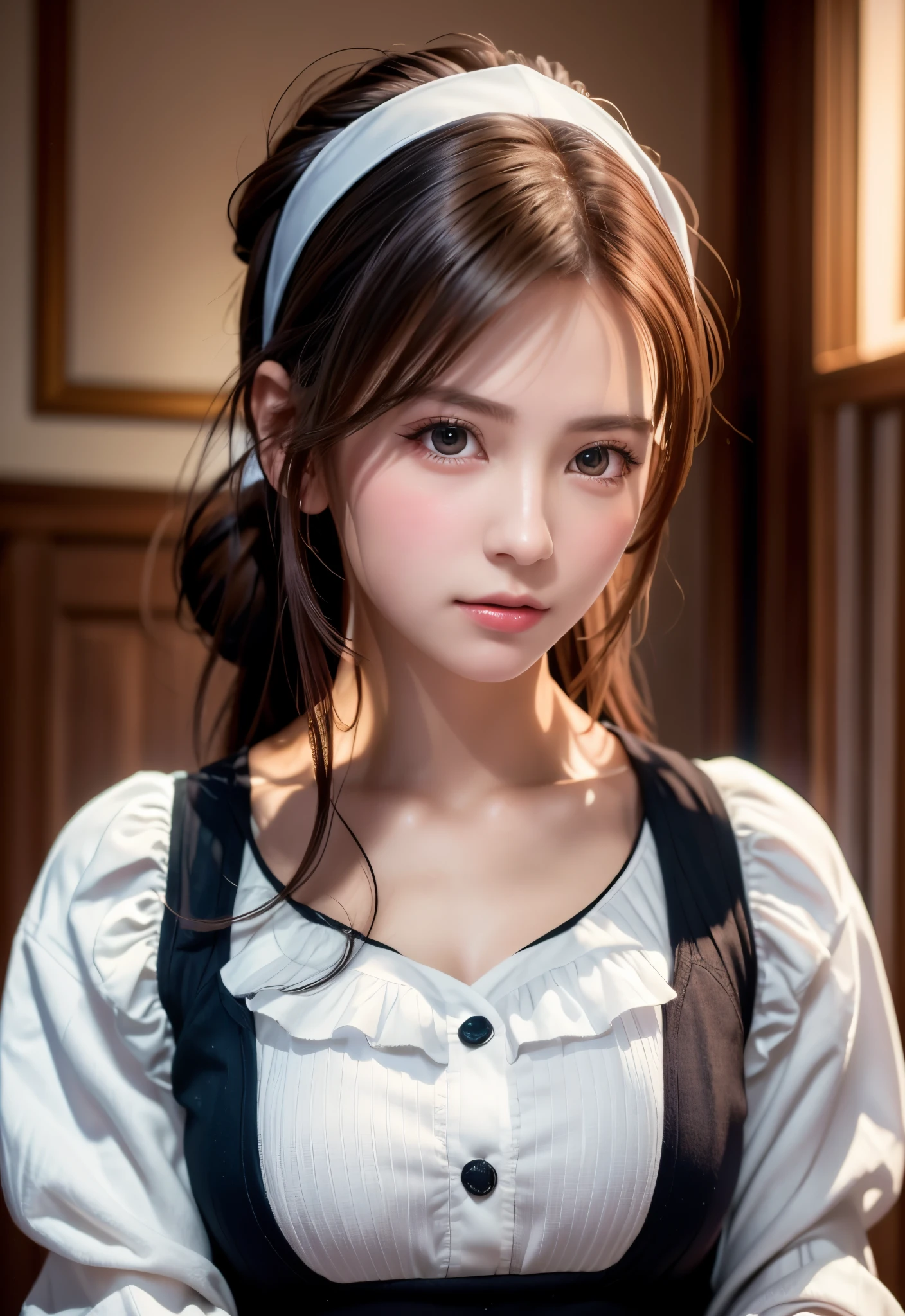 8K, of the highest quality, masutepiece:1.2), (Realistic, Photorealsitic:1.37), of the highest quality, masutepiece, Beautiful young woman, Pensive expression,、A charming、and an inviting look, Cute Maid Clothes, Hair tied back, Cinematic background, Light skin tone