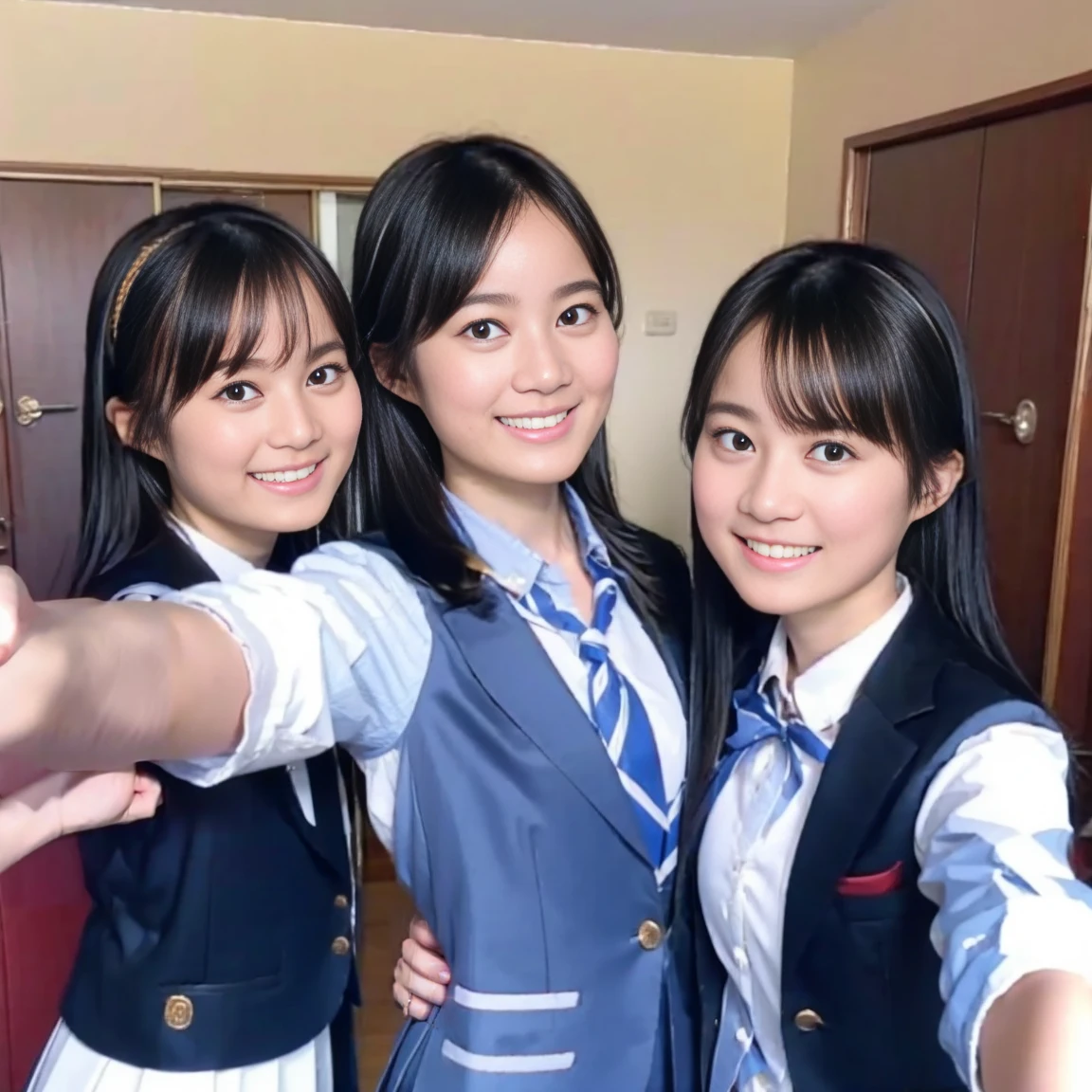 a picture、(((multiple girls))),((((6+girls)))),((((100girls)))),(((1000girls)))、((((100 Girls))))、(((group photo))),Women only、The same face、matching school uniform、************、Long black hair、100 cute girls、a smile、Selfie stick、‎Classroom、Raw photo、(((group portraits)))、a junior high school student