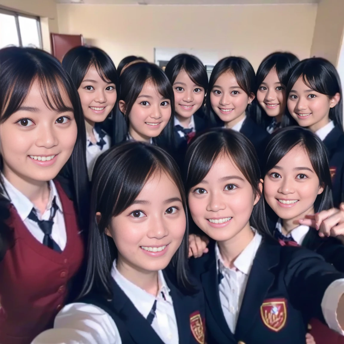 a picture、(((multiple girls))),((((6+girls)))),((((100girls)))),(((1000girls)))、((((100 Girls))))、(((group photo))),Women only、The same face、matching school uniform、************、Long black hair、100 cute girls、a smile、Selfie stick、‎Classroom、Raw photo、(((group portraits)))、a junior high school student