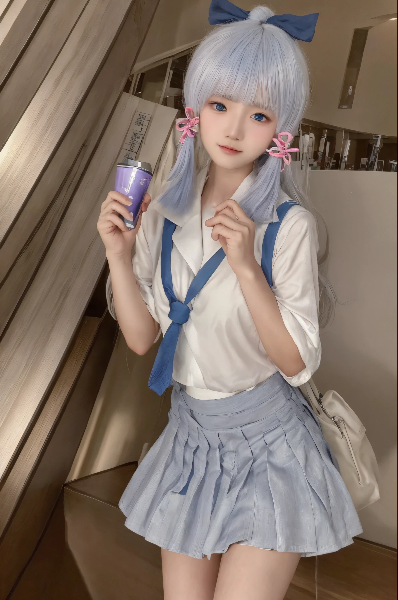 (tmasterpiece:1.2),Best quality at best,A high resolution,Unity8k wallpapers,(illustratio:1),perfect litthing,extremely detremely detailed CG,
finely detailled,The is very detailed,soft lighting and shadows,Soft yet eye-catching lighting,filmgrain:1.2,(skin pore:1.2),(Detailed skin texture:1),((Alone:1.5)),详细的脸,(ssee-through:1.1),Misty,low tune:1.1,depth of fields,
Ayaka Kamisato, 校服, Bao, a skirt, 1个Giant Breast Girl, Ccup, Bubble tea, Sefuku, tiese, 1boys, disposable cup, long whitr hair, Ayato Kamisato, ngel, pony tails, By bangs, bookbag, sibling, Hold a cup, pleatedskirt, Sailor collar, Contemporary, a blue tie, bluntbangs, birthmark, trouser, alternate costume, drinking straw, shairband, ribbons, white shirt, ssmile, blue skirts, drinking, The shirt, eBlue eyes, sibling, hair adornments, looking at viewert, Blue hair, tress ribbon,