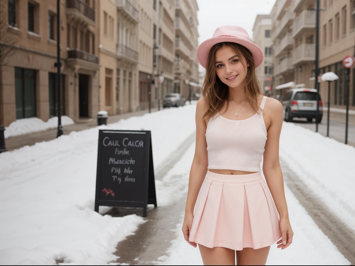 (masterpiece), (one girl 22 year old) (((Caucasian))) french girl with shoulder length messy hair, she is petite. in a white hat and pink skirt posing for a picture, mini-skirt, pink tight mini-skirt, pink mini-skirt, miniskirt, mini skirt, pink skirt, short skirt, white miniskirt, wearing tight simple clothes, short miniskirt, tight outfit, in the snow, in pastel colors, warm smile