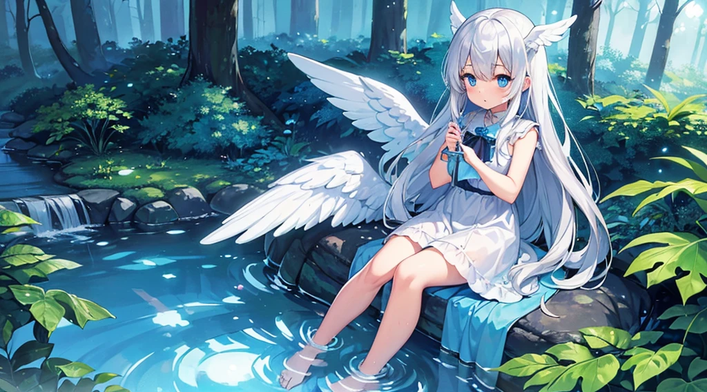 (1girl, silver hair, long hair, blue eyes, white sundress, angel wings, cute, kawaii), (sitting in a forest, fantasy forest, blue moon, clear stream, glowing blue color)